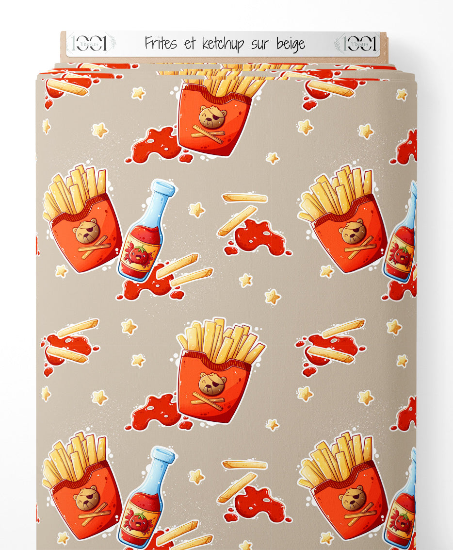 Tissu - Frites et ketchup sur beige