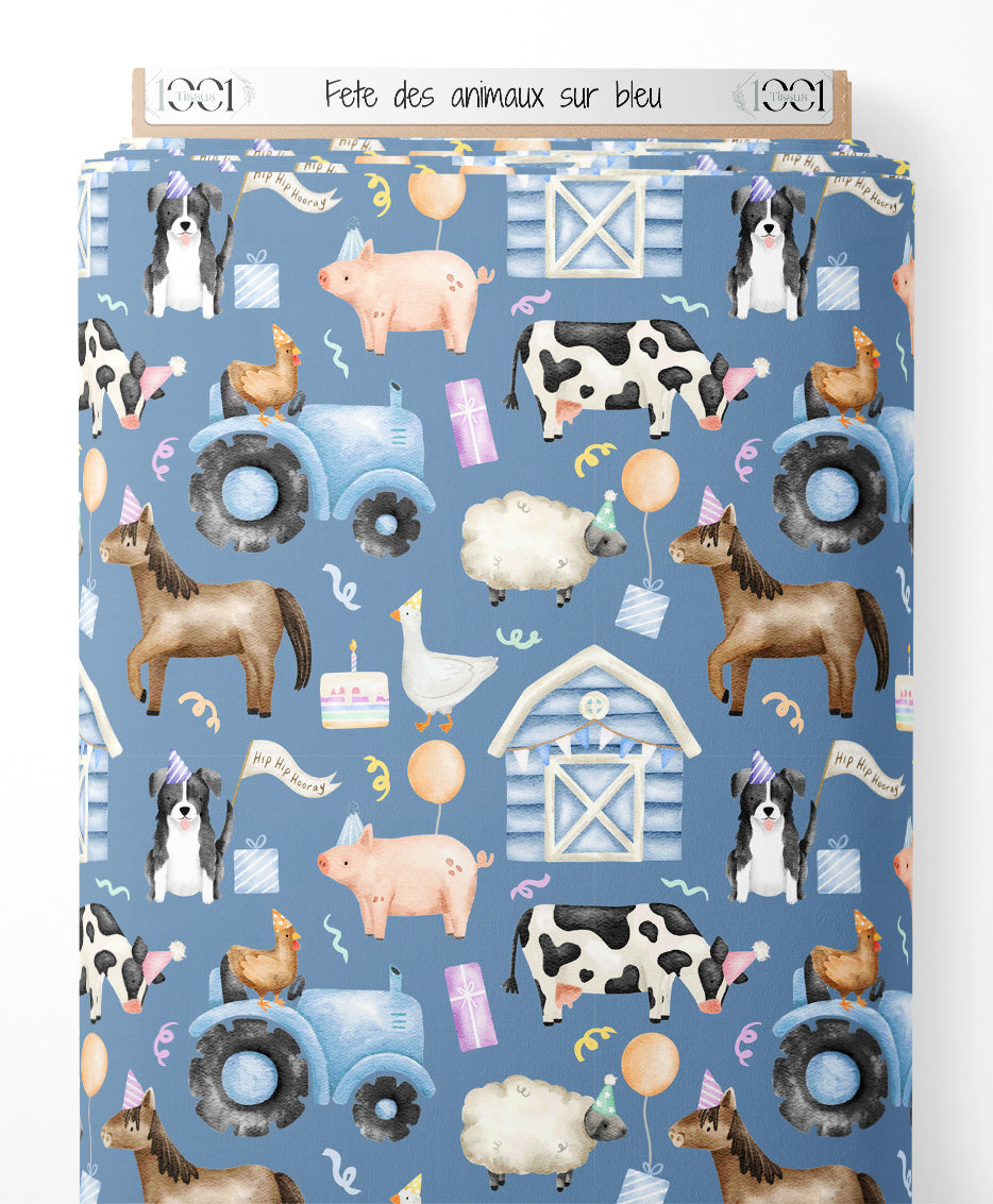 Tissu - Fête des animaux sur bleu