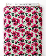 Tissu - Fleurs roses sur fond vert clair