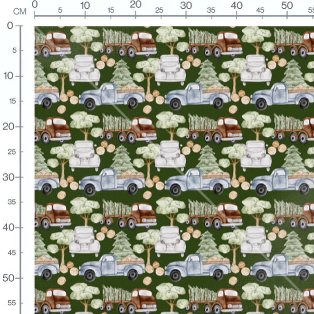 Tissu - Camions et arbres verts