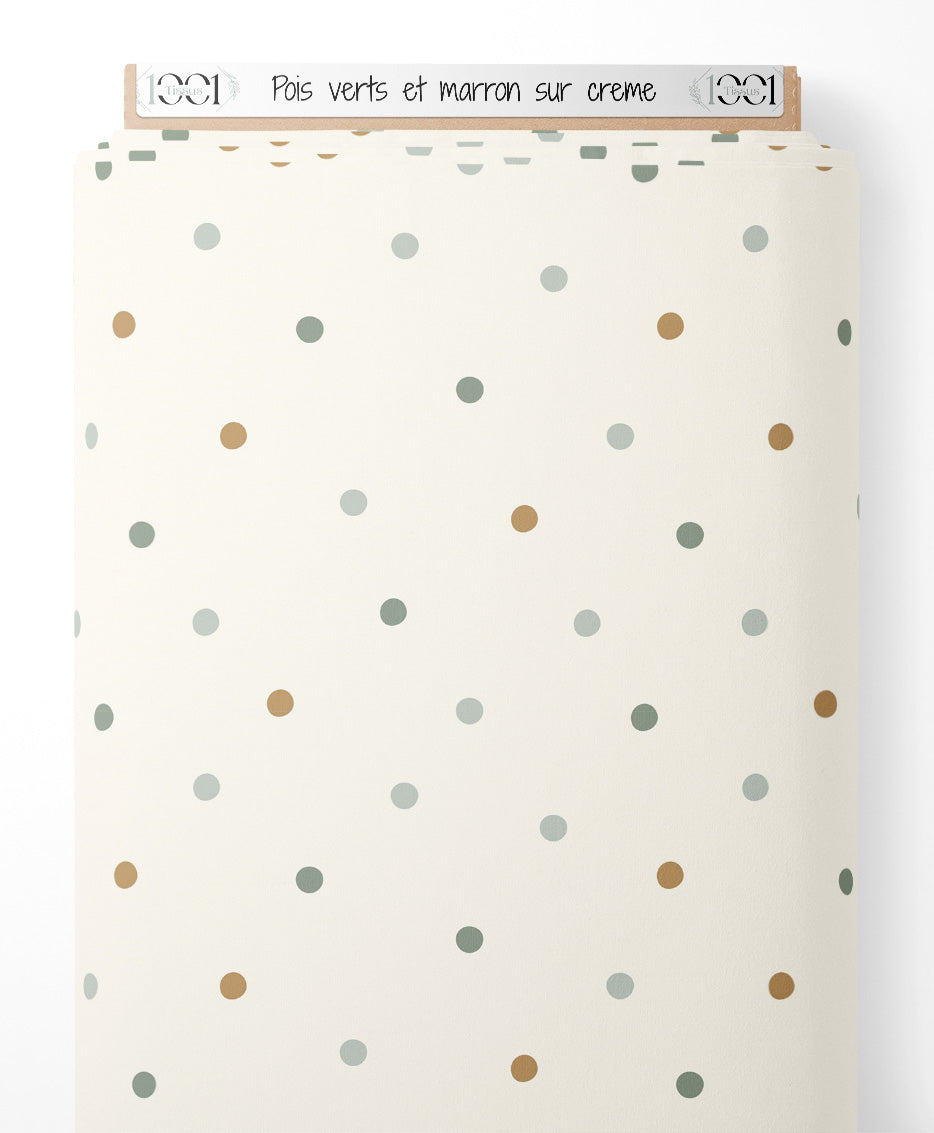 Tissu - Pois verts et marron sur crème