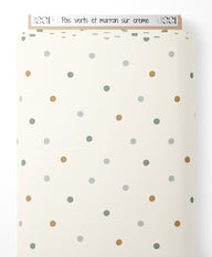 Tissu - Pois verts et marron sur crème