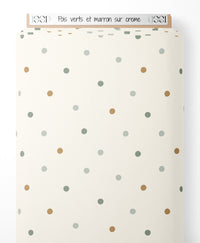 Tissu - Pois verts et marron sur crème