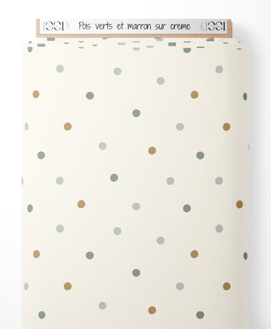 Tissu - Pois verts et marron sur crème