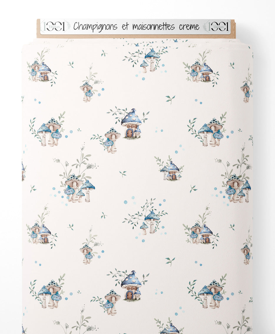 Tissu - Champignons et maisonnettes crème