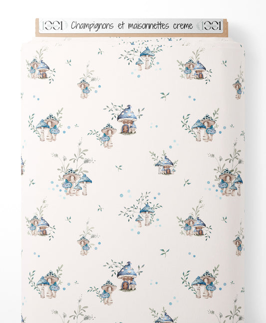 Tissu - Champignons et maisonnettes crème