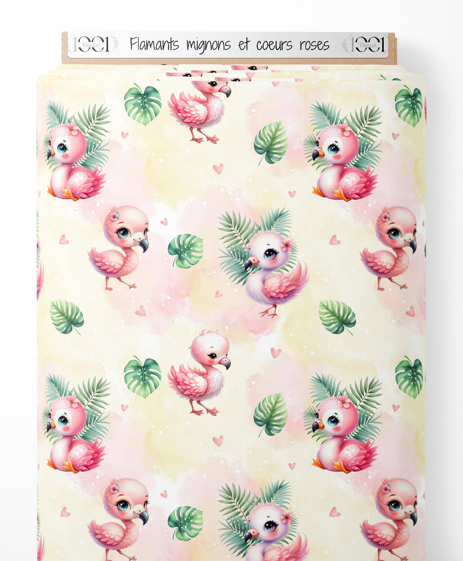Tissu - Flamants mignons et cœurs roses