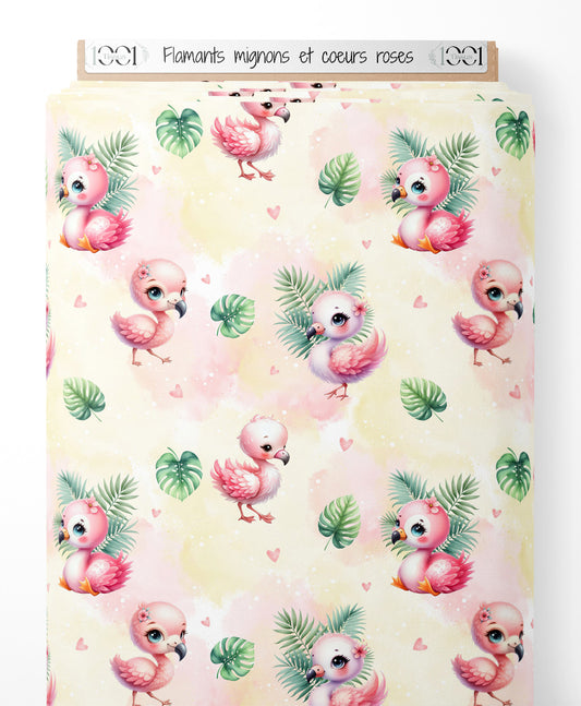 Tissu - Flamants mignons et cœurs roses
