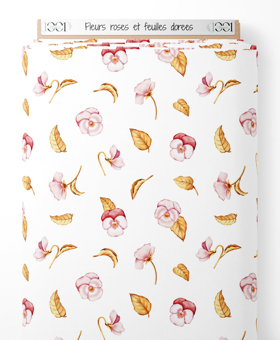 Tissu - Fleurs roses et feuilles dorées