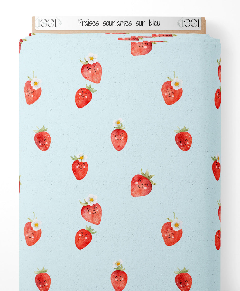 Tissu - Fraises souriantes sur bleu