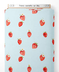 Tissu - Fraises souriantes sur bleu