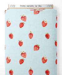 Tissu - Fraises souriantes sur bleu