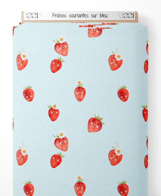 Tissu - Fraises souriantes sur bleu