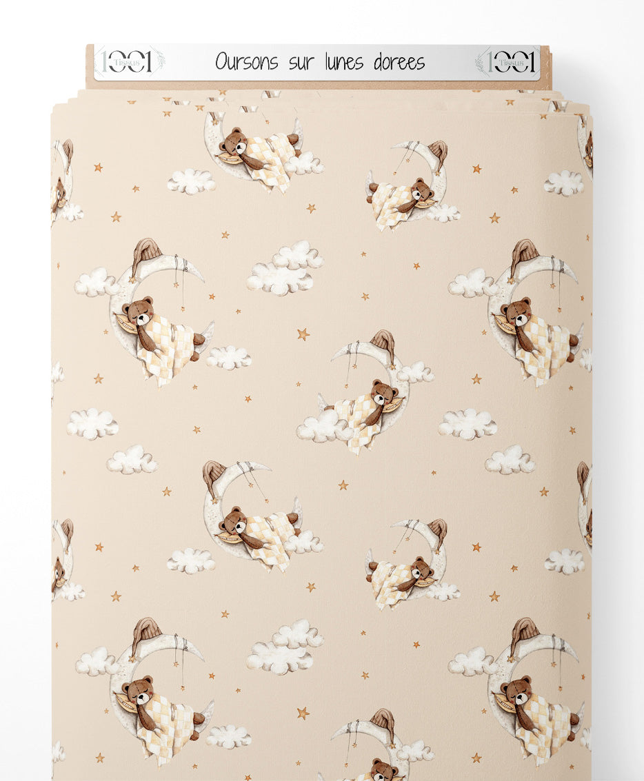 Tissu - Oursons sur lunes dorées