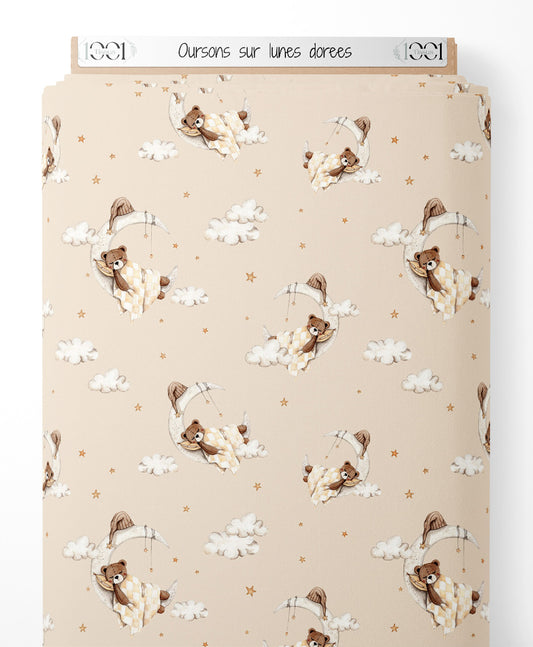 Tissu - Oursons sur lunes dorées