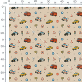 Tissu - Véhicules colorés sur beige