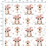 Tissu - Chouettes et nichoirs roses
