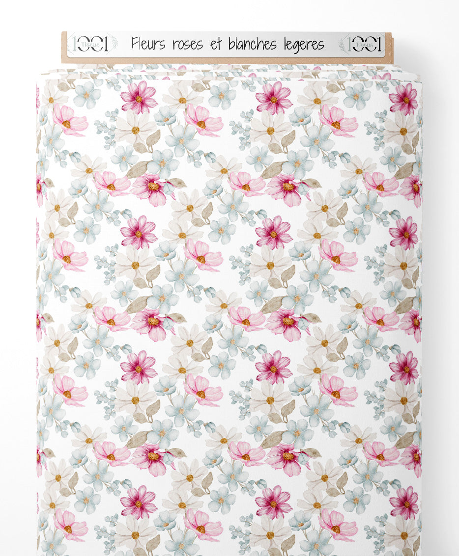 Tissu - Fleurs roses et blanches légères