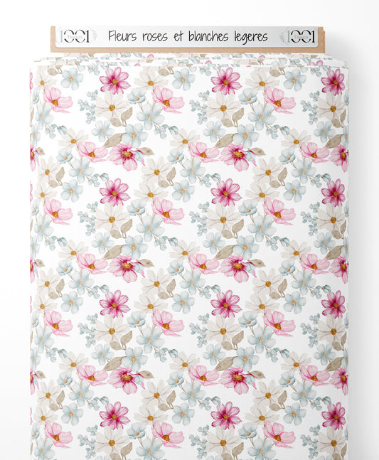 Tissu - Fleurs roses et blanches légères