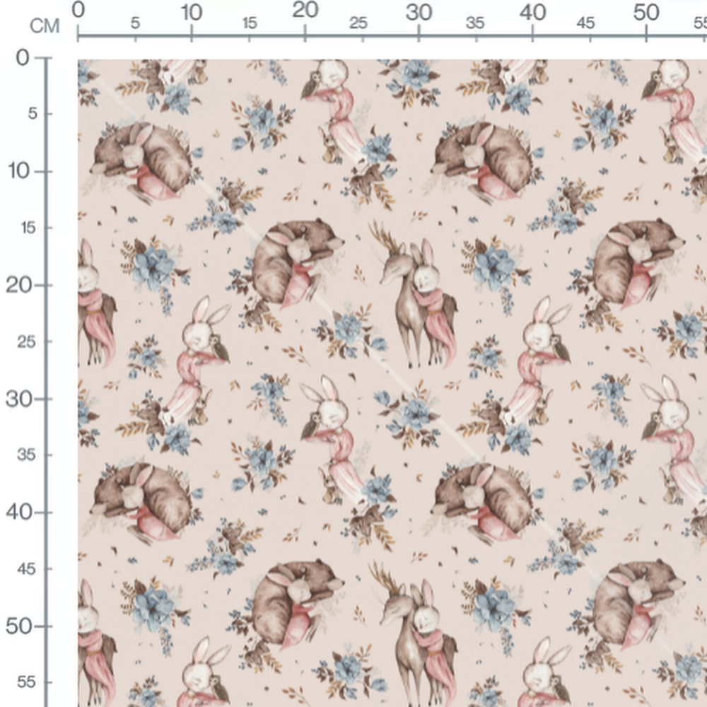 Tissu - Câlins d'animaux et fleurs beige