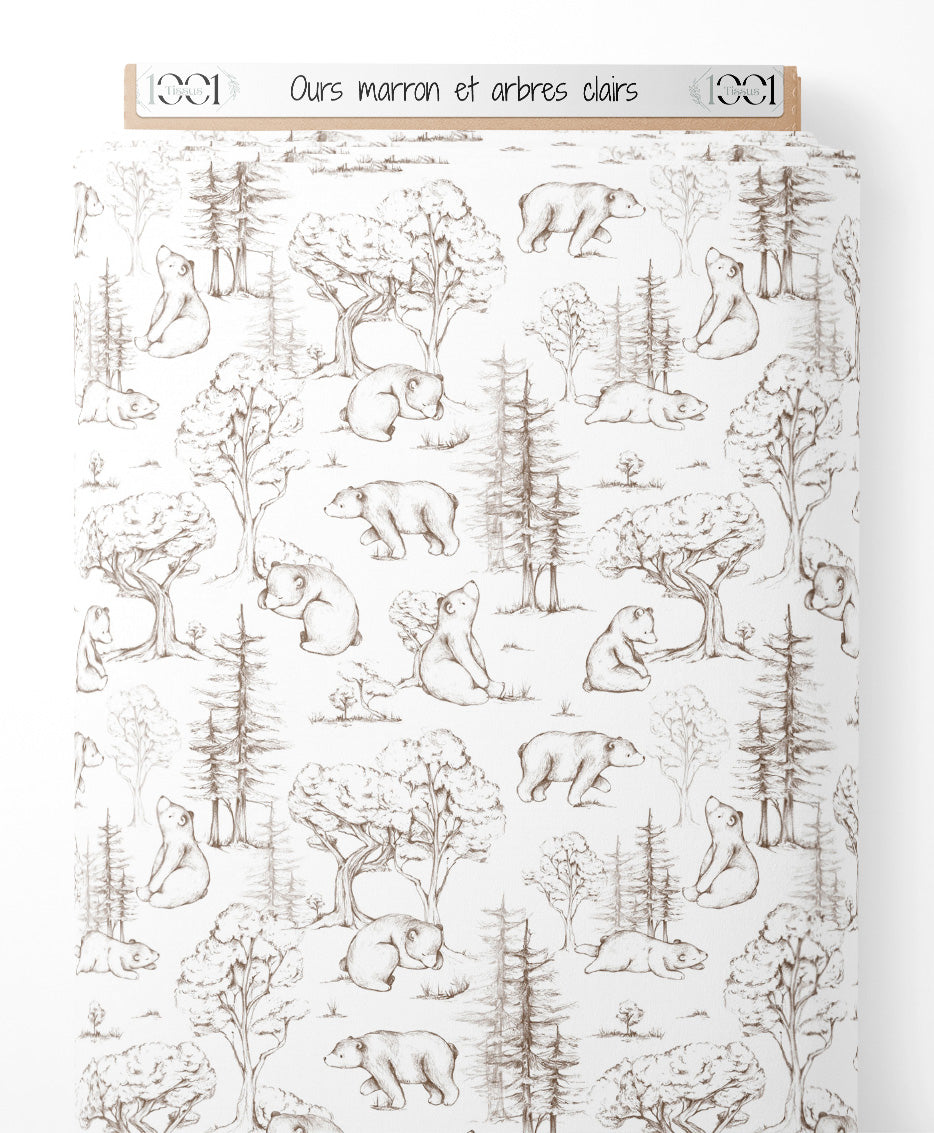 Tissu - Ours marron et arbres clairs