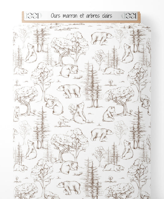 Tissu - Ours marron et arbres clairs