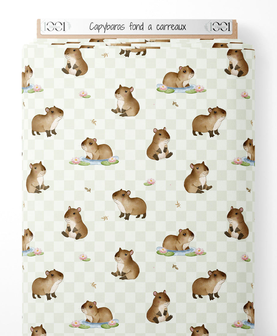 Tissu - Capybaras sur fond à carreaux