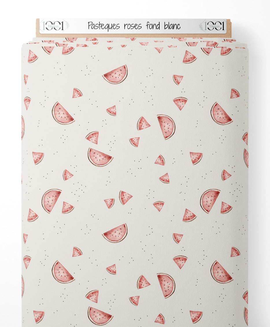 Tissu - Pastèques roses sur fond blanc