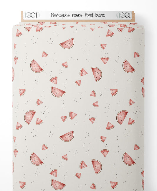 Tissu - Pastèques roses sur fond blanc