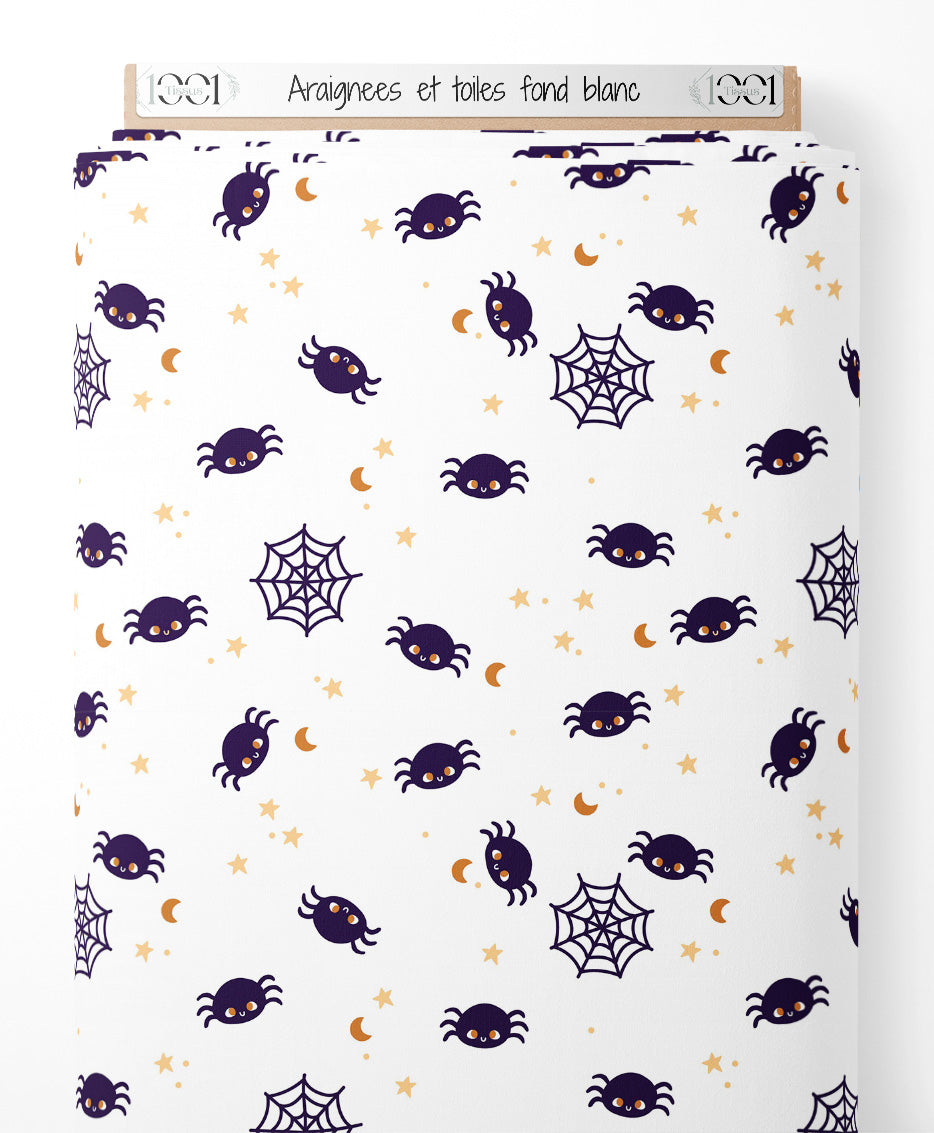 Tissu - Araignées et toiles sur fond blanc