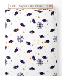 Tissu - Araignées et toiles sur fond blanc