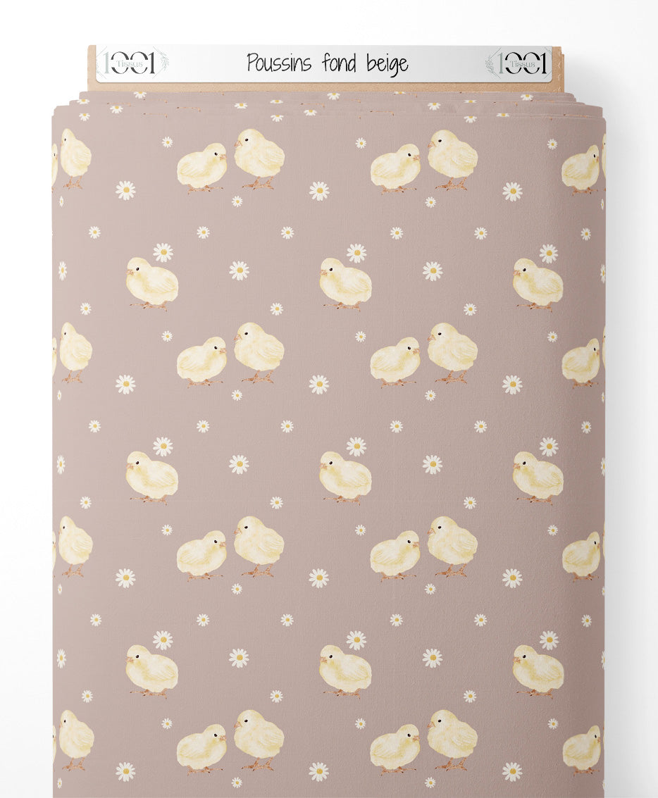 Tissu - Poussins sur fond beige