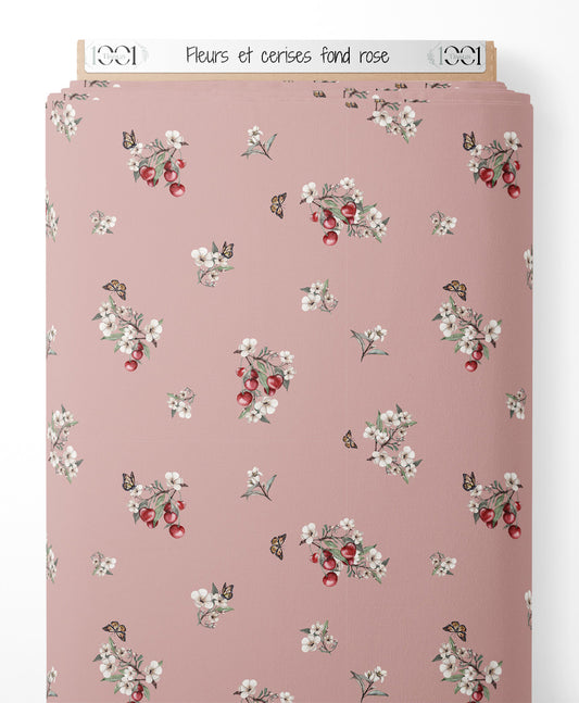 Tissu - Fleurs et cerises sur fond rose