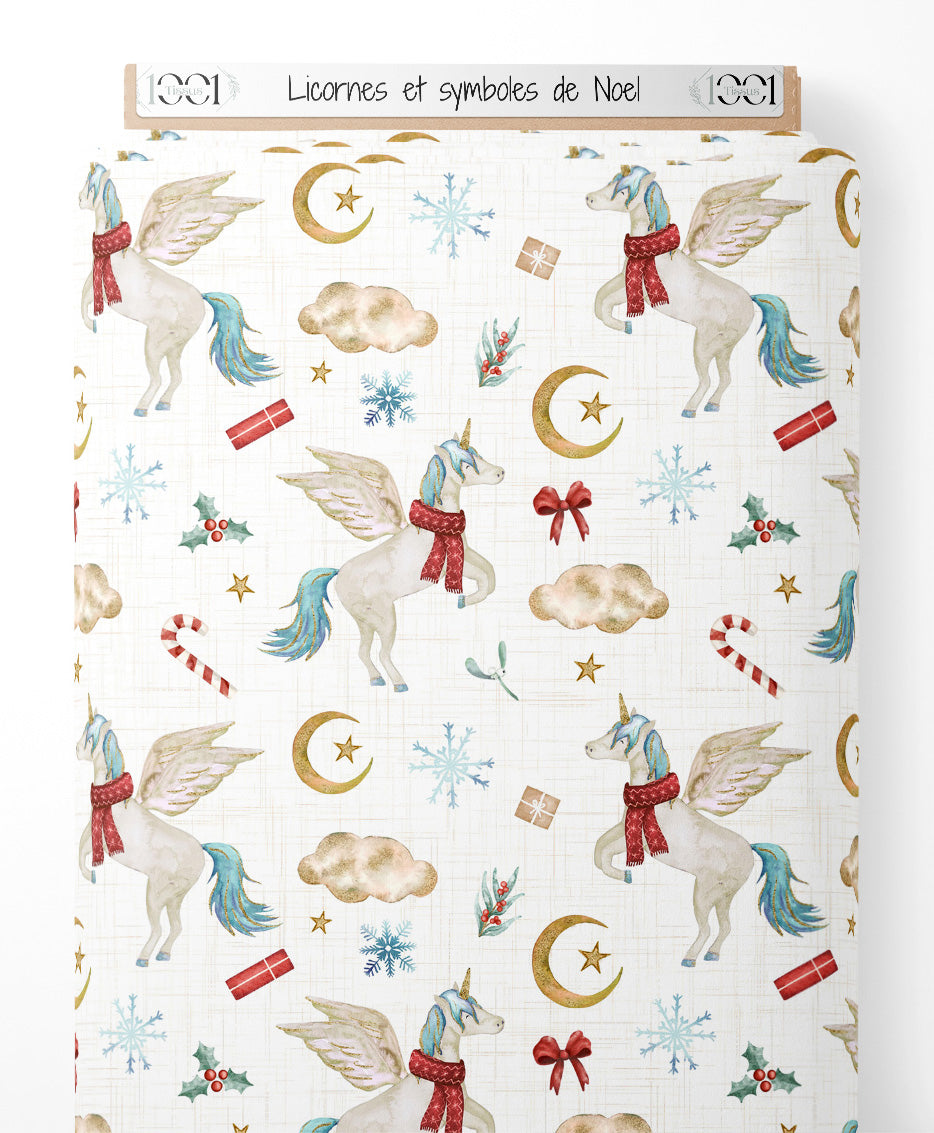 Tissu - Licornes et symboles de Noël
