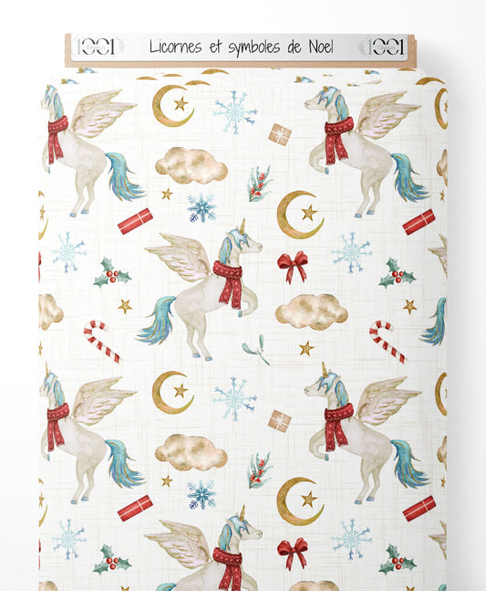 Tissu - Licornes et symboles de Noël