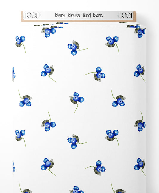Tissu - Baies bleues sur fond blanc