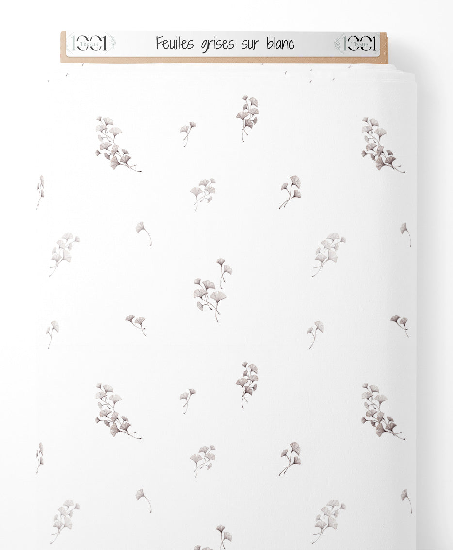 Tissu - Feuilles grises sur blanc