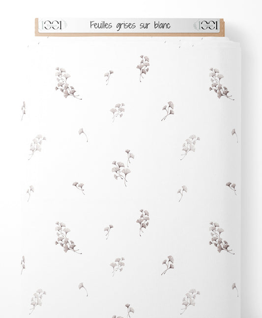 Tissu - Feuilles grises sur blanc
