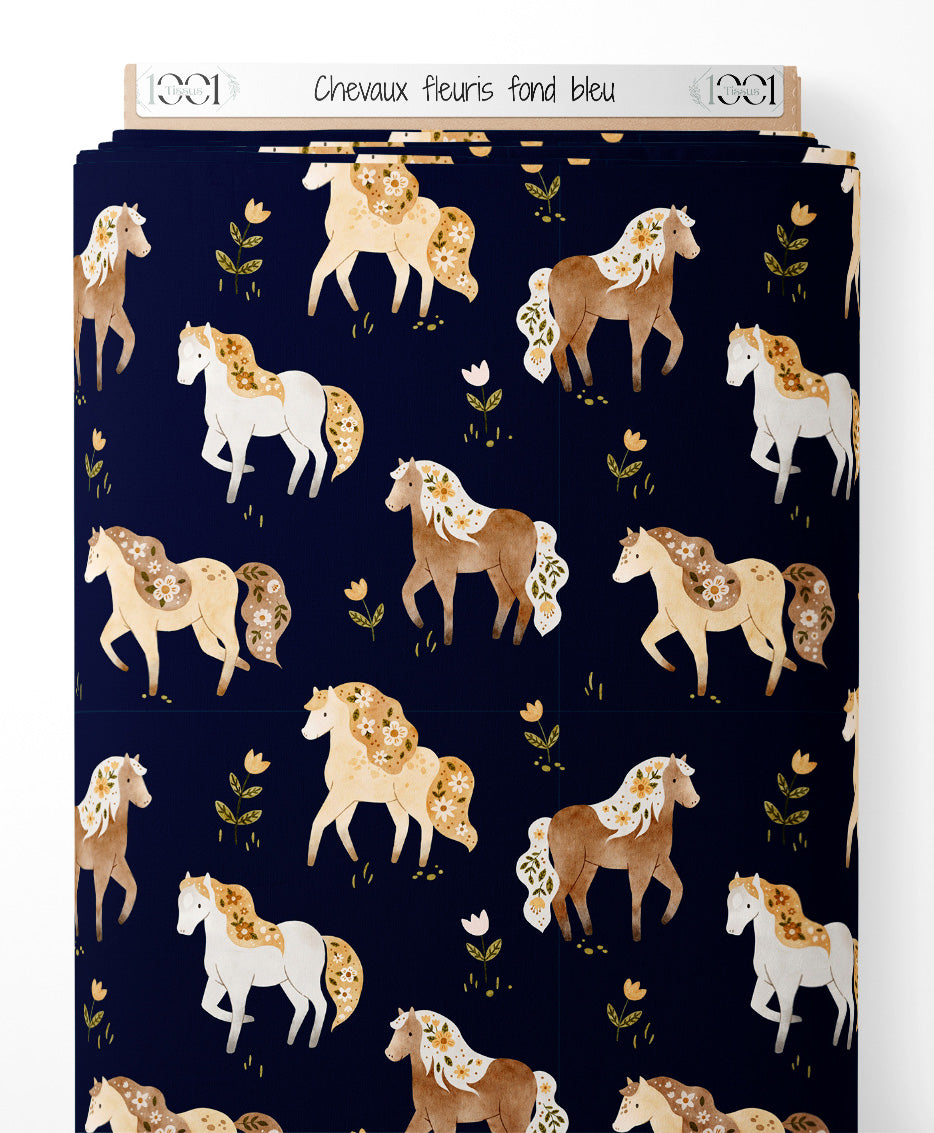 Tissu - Chevaux fleuris sur fond bleu