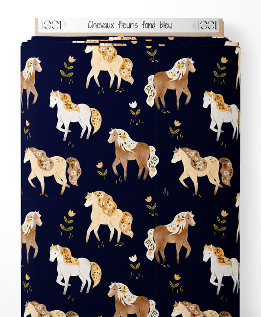Tissu - Chevaux fleuris sur fond bleu