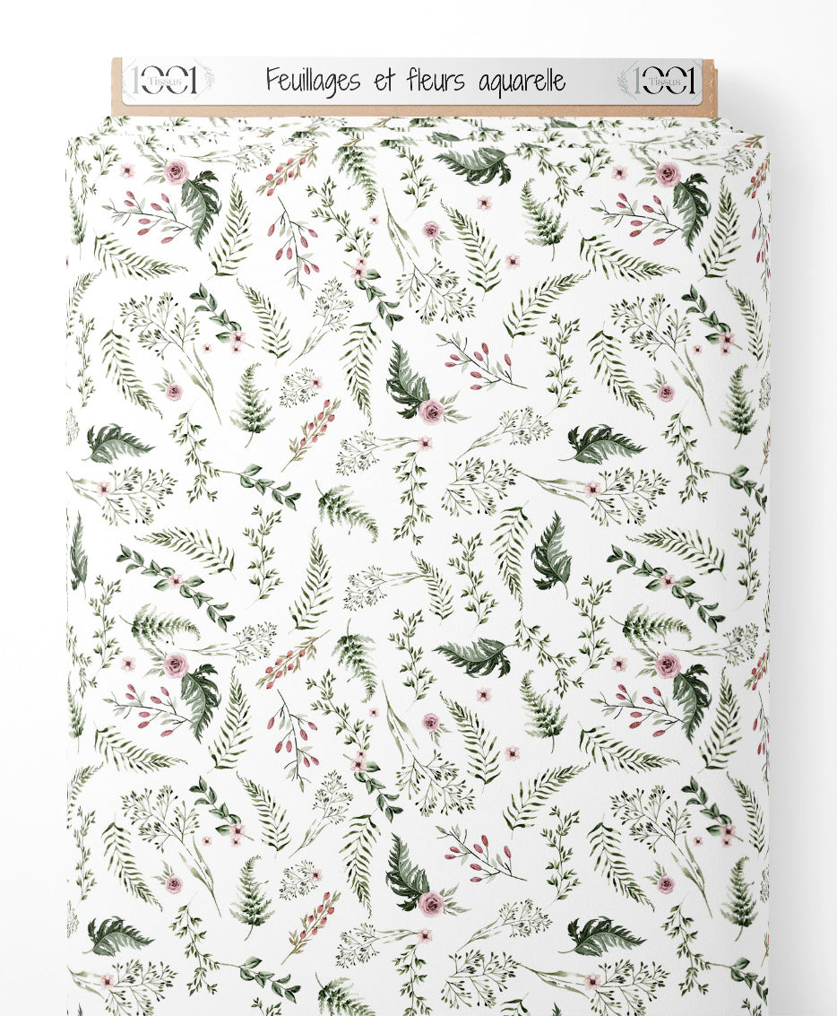Tissu - Feuillages et fleurs aquarelle