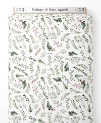 Tissu - Feuillages et fleurs aquarelle