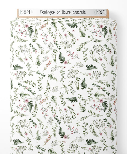 Tissu - Feuillages et fleurs aquarelle