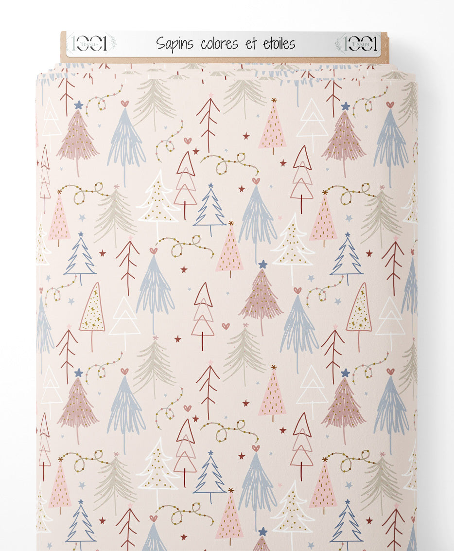 Tissu - Sapins colorés et étoiles