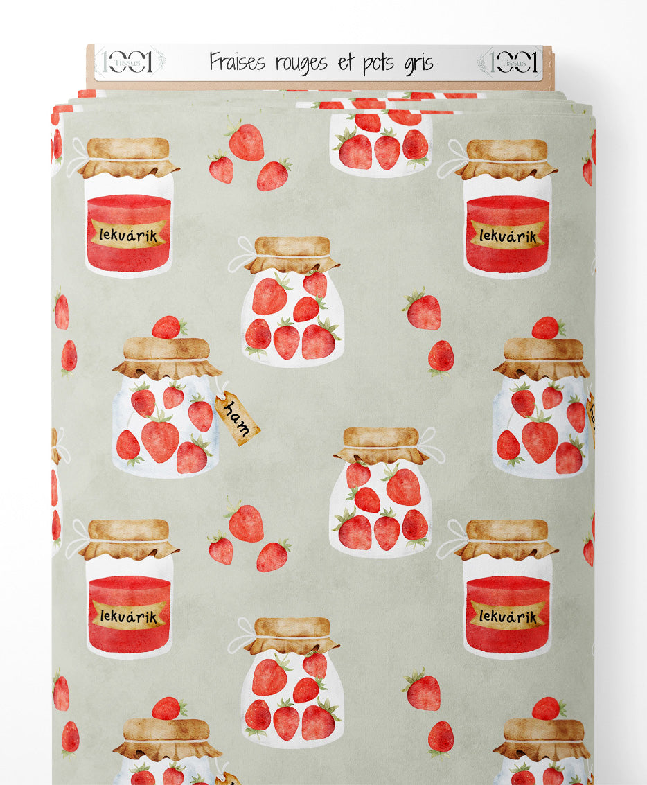 Tissu - Fraises rouges et pots gris