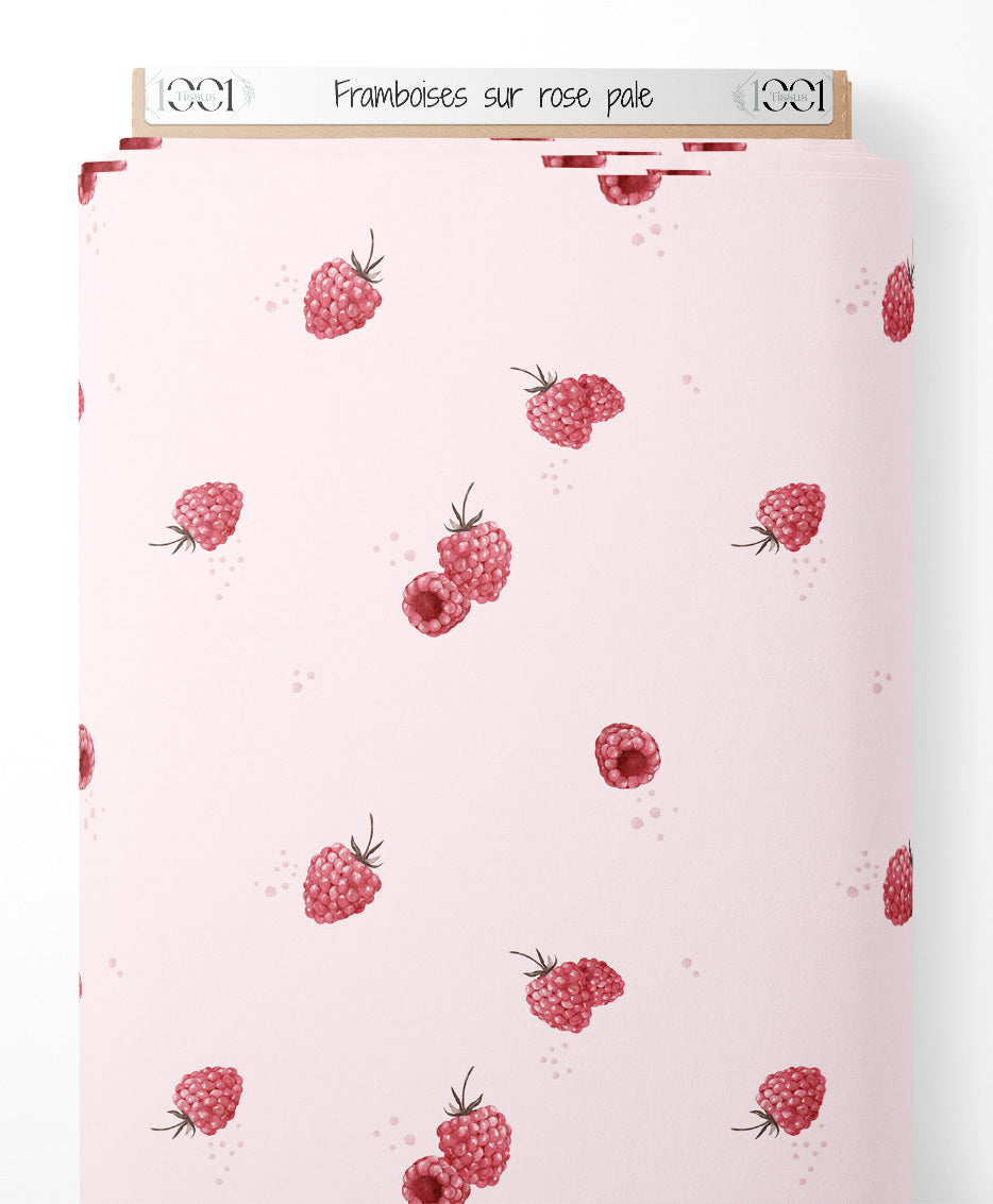 Tissu - Framboises sur rose pâle