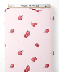 Tissu - Framboises sur rose pâle