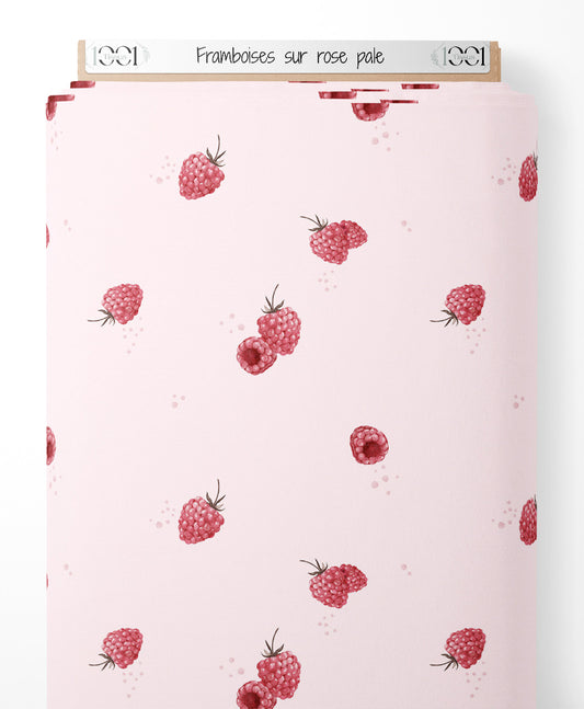 Tissu - Framboises sur rose pâle