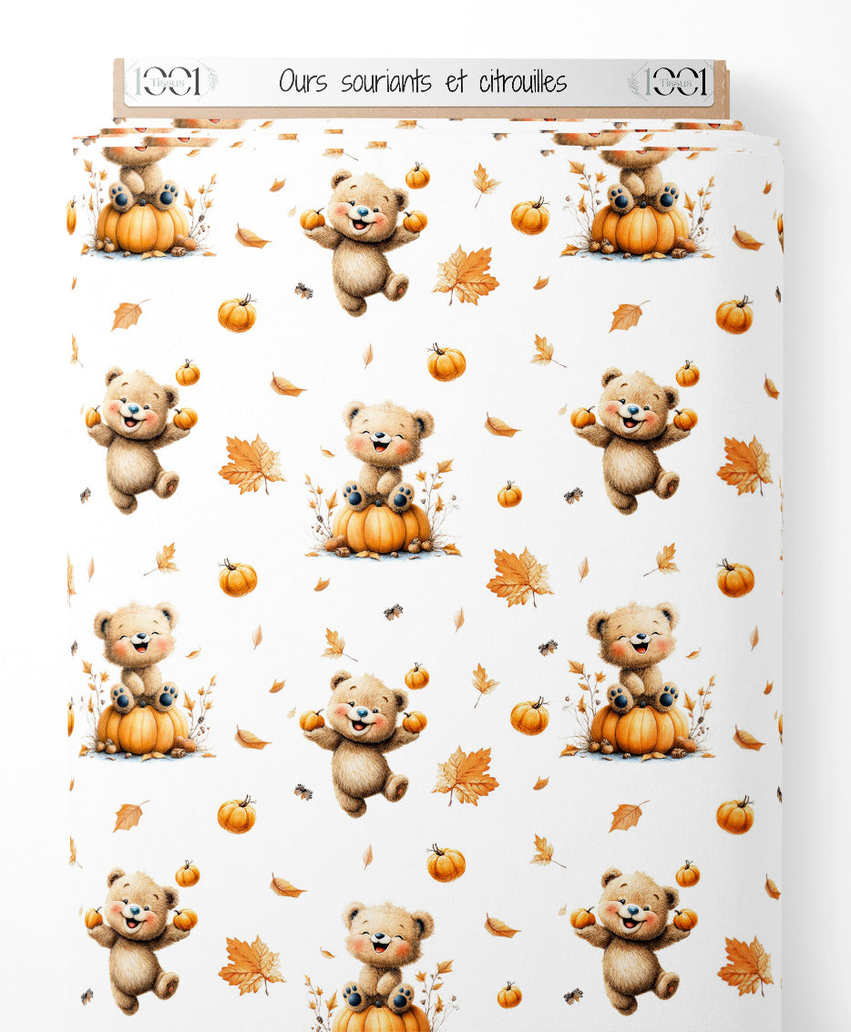 Tissu - Ours souriants et citrouilles