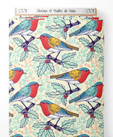 Tissu - Oiseaux et feuilles de houx